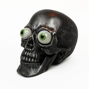 Old East Main Co Black Plastic 7 inch Skull Halloween Tabletop Decor Green Eyes